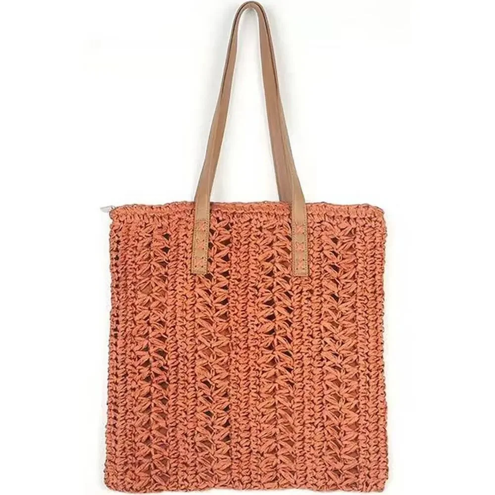 Handwoven Lightweight Woven Tote Paper Straw Light Orange Tan